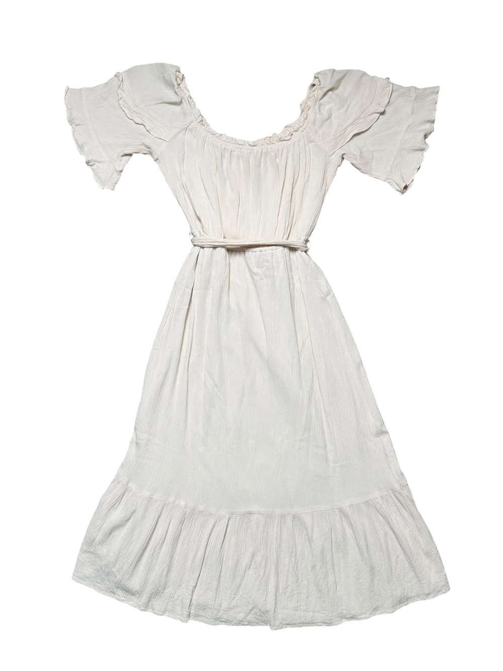 Lush Soft Nude Off Shoulder Tie Waist Midi Dress Boho Romantic Size M - Picture 3 of 14